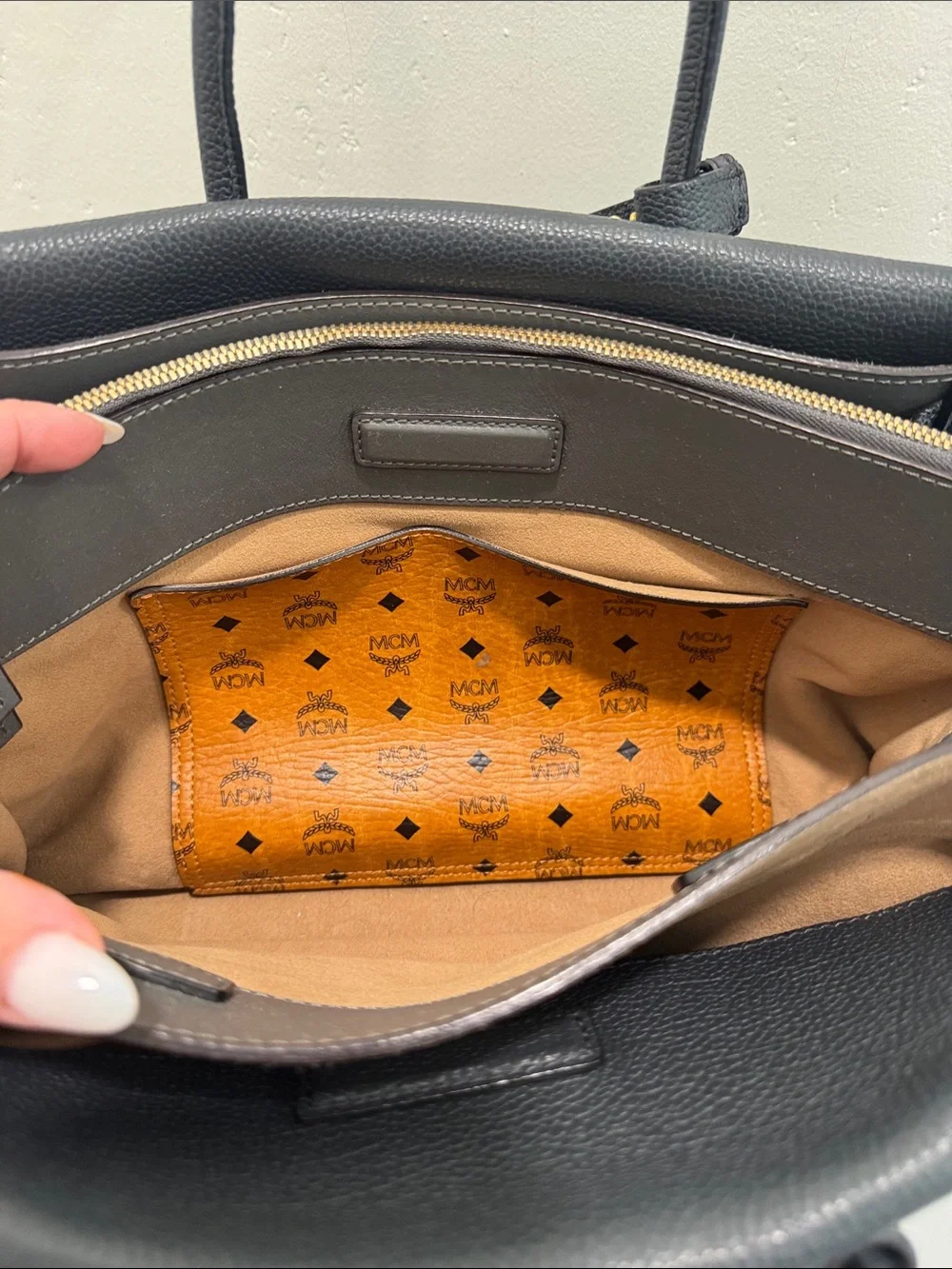 MCM Dark Gray Leather Satchel with Contrast Strap